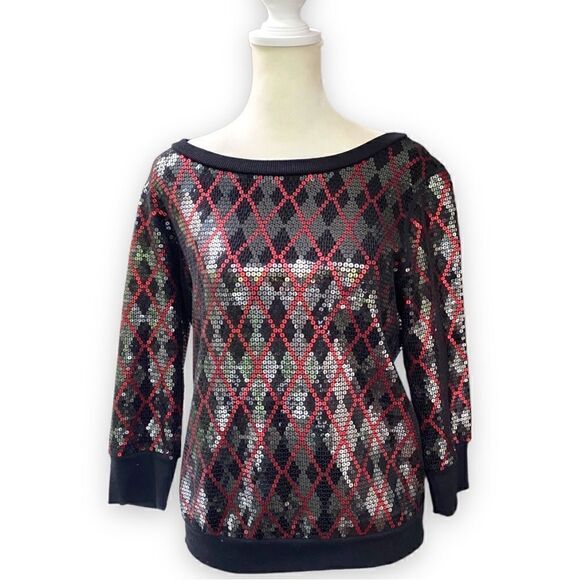 EXPRESS Sequin Argyle Print Boatneck Top - Picture 1 of 11